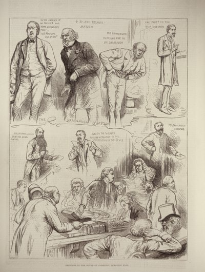 下院でのスケッチ：質問時間、The Illustrated London News、1882年2月18日より 作： English School